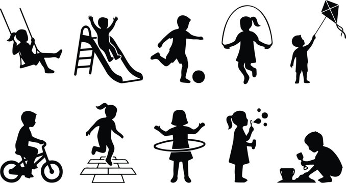 Black Children Playing Silhouette Set Swing Slide Football Jump Rope Kite Bicycle Hopscotch Hula Hoop Bubble Sand Vector Collection Isolated White Background Design