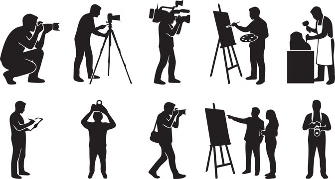 Black Creative Professional Silhouette Set Photographer Videographer Painter Sculptor Artist Camera Tripod Canvas Easel Vector Collection Isolated White Background Design