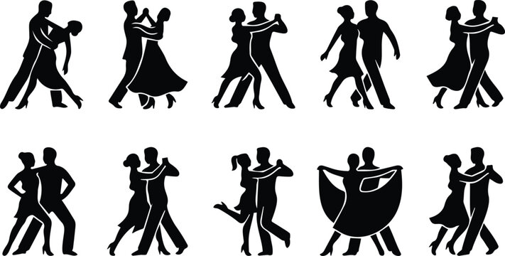 Black Dancing Couple Silhouette Set Tango Waltz Ballroom Latin Salsa Partner Dance Pose Vector Collection Isolated White Background Design