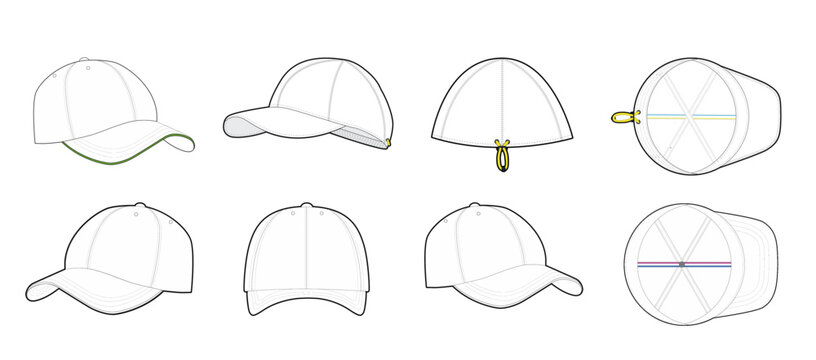 Baseball Cap Technical Flat Sketch Set with Multiple Views, Fashion CAD Template, Headwear Vector Technical Drawing for Apparel Design and Production