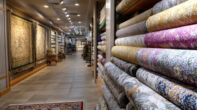 Interior of a store with rolled carpets