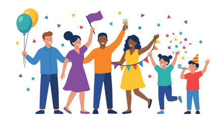 Fototapeta premium This vibrant vector image captures a diverse group of people celebrating joyous moments, conveying the spirit of togetherness, happiness, and memorable celebrations.