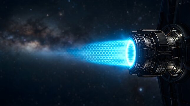Futuristic spaceship engine emitting blue ion exhaust in deep galaxy