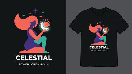 An artistic t-shirt design illustrating a celestial themed character holding the sun and stars, embodying a sense of wonder, mystery, and cosmic beauty. © Jianjiu