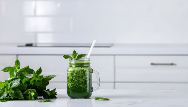 A refreshing green smoothie in a mason jar with fresh mint leaves and a straw, placed on a clean kitchen counter next to a bunch of mint.