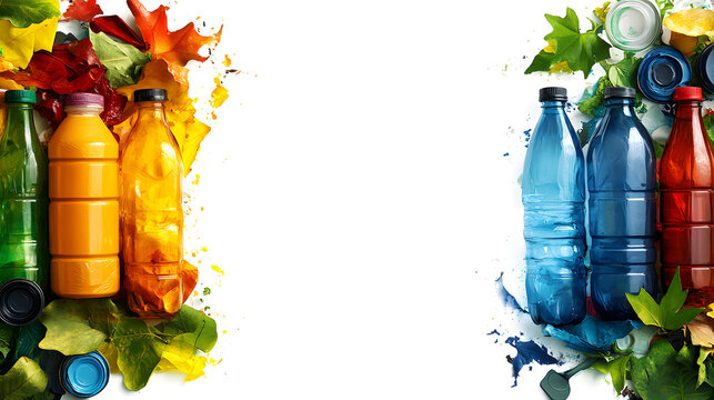 A vibrant horizontal panoramic frame decorated with colorful bottles on the edges leaving empty central white space