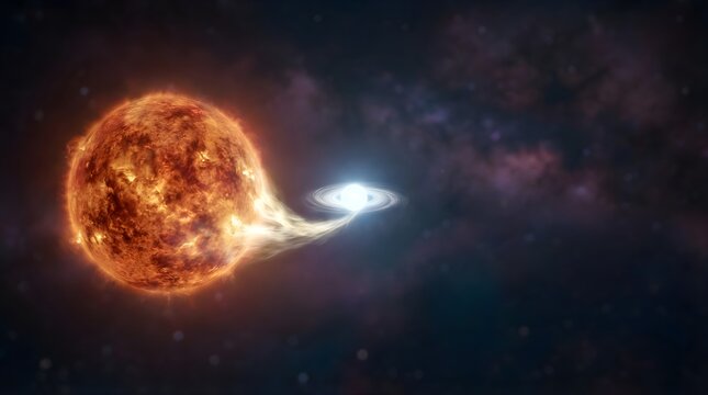 Giant star losing mass to a white dwarf in deep galaxy nebula background