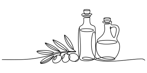 Continuous line drawing of olive oil bottles and olive branch © Graphics Art