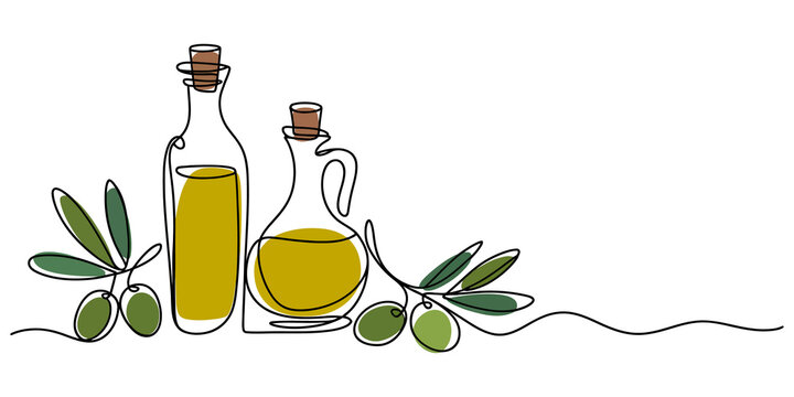 Continuous line drawing of olive oil bottles and olive branch