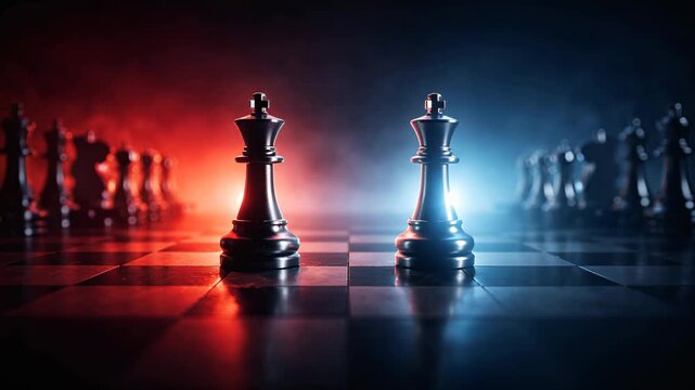 Two chess kings facing each other on board, strategic confrontation concept, leadership conflict and business competition.