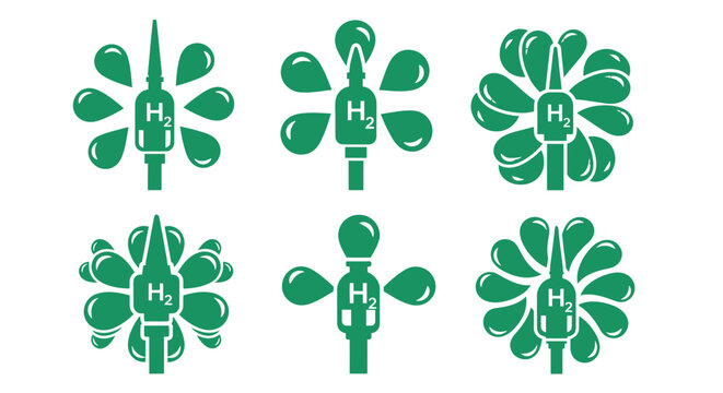 Collection of six green flower and turbine hybrid logos with H symbol on white background