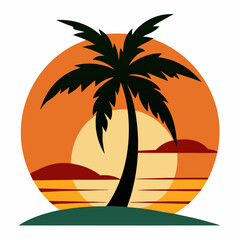 Obraz premium Tropical sunset with palm trees silhouette in a circular badge vector illustration.