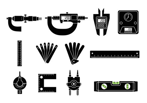 set of precision measuring tools icons including micrometer calipers and rulers for industrial engineering quality control and manufacturing technical measurement applications