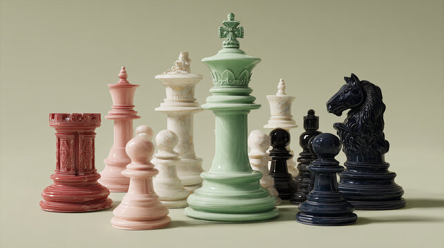 Colorful modern chess pieces arranged in strategic composition on pastel background ideal for leadership and business competition concepts