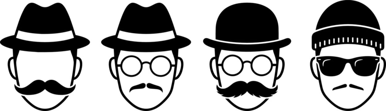 Vintage Hipster Gentleman Character Head Icon Vector Set with Fedora Hats Bowler Hat Beanie Sunglasses Facial Mustache and Round Eyeglasses Designs