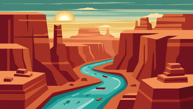 Scenic vector illustration of red rock canyons and a blue winding river during golden hour. Perfect for travel and nature themed designs.