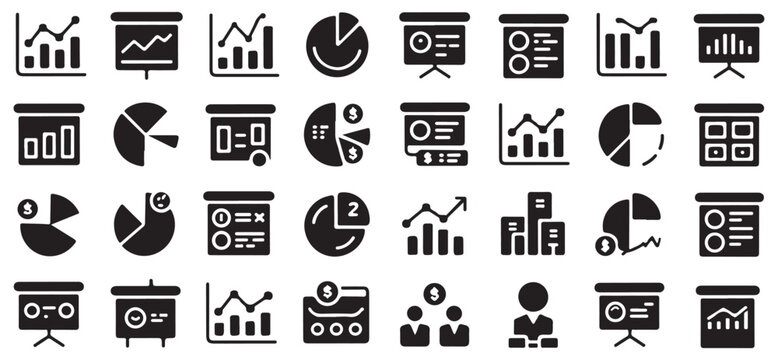 Business analytics vector icons pack contains flat icons such as chart presentation pie graph and many more.
