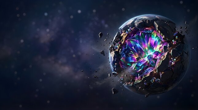 Iridescent crystal planet shattering in deep cosmos with floating debris