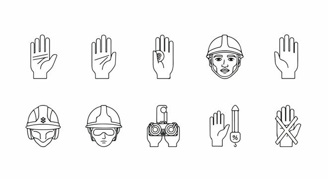 Set of line icons for workplace safety and construction, including various hand gestures, hard hats, safety goggles, and protective gloves, emphasizing protection.
