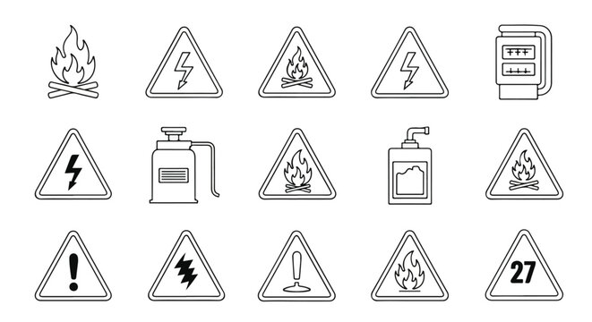Collection of warning signs and safety symbols in line art style, featuring fire, electrical hazard, fuel, and general caution icons for industrial and public safety.