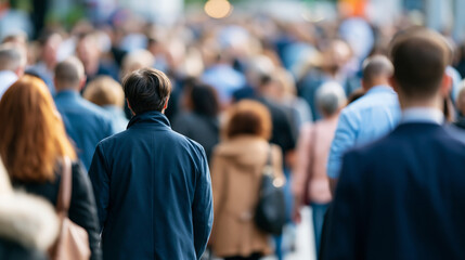 Fototapeta premium Large mixed crowd of people gathered in a public space, community diversity concept, multicultural society, street level wide shot, social interaction, urban lifestyle, faceless,