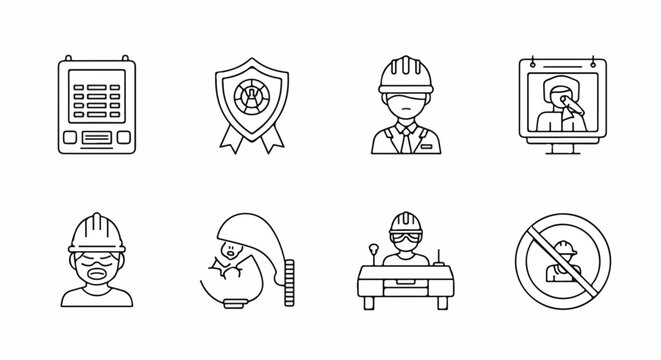 Set of industrial icons: calendar, shield, engineer, monitor, angry worker, safety helmet, car, prohibition sign