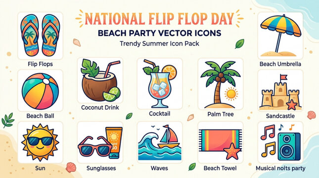National flip flop day beach party vector icons trendy summer pack with flip flops beach ball coconut drink and more