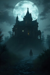 Obraz premium Spooky Haunted House Under Full Moon