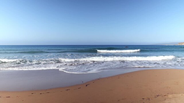 Ocean Waves On Empty Sandy Beach Nature Travel Video. Blue Sea Surf Rolling On Beach Summer Vacation Footage. Empty Beach With Sea Waves Summer Nature Video