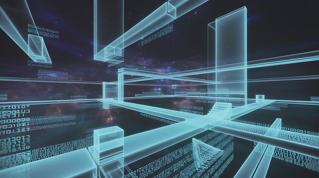 Abstract digital blueprint of futuristic architecture with glowing lines and data elements.