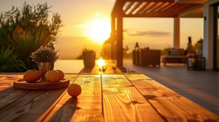 Naklejka premium Golden Hour Serenity on a Wooden Deck