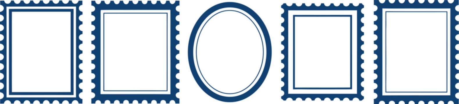 Set of blue postage stamp frames with serrated edges including rectangle square and oval shapes isolated on a white background.