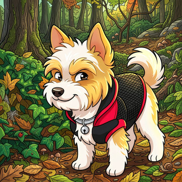 Adorable cute small Yorkshire terrier puppy dog wearing red and black vest with bell collar standing in autumn forest, colorful cartoon illustration fallen leaves, mushrooms, snail, ladybug, spider