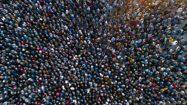 Aerial drone shot of a dense crowd filling a large public space, community event, multicultural gathering, human density concept, top-down urban photography, faceless, with copy