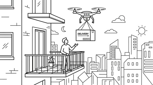 A man receiving a package from a delivery drone on a balcony.
