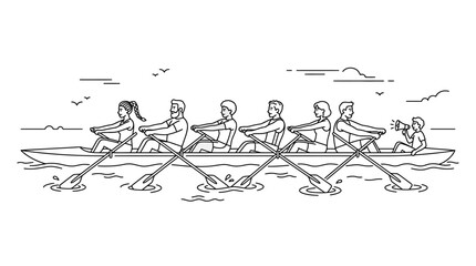 Line art illustration of a rowing team in a racing boat with a coxswain. © Fardeen_Ghusyarib