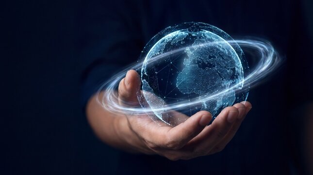 Global Insight: A hand cradles a digital representation of Earth, showcasing technological innovation and global connectivity. The glowing sphere is ringed by energy pathways.