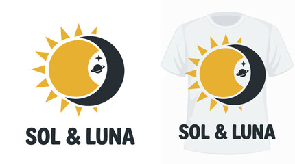 This t-shirt design presents the sun and moon concept 'Sol & Luna', highlighting balance and duality with a striking graphic representation in vibrant colors. © Jinliu