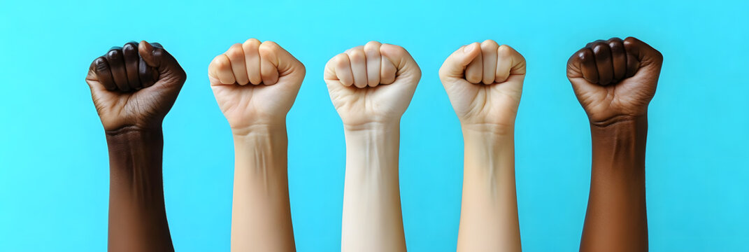 A row of diverse multiethnic human fists raised together up in solidarity unity equality protest power concepts