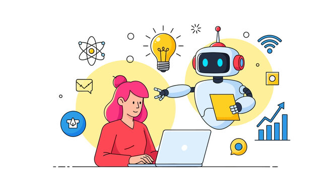 A woman working on a laptop assisted by a friendly AI robot.
