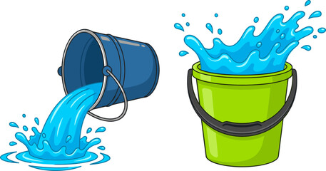 Water Bucket Vector Illustration Set with Poured Liquid Splashes and Fresh Droplets for Cleaning, Gardening, and Domestic Chore Designs © MstBobita