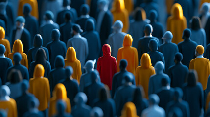 Obraz premium Top-down view of a crowd where all figures are identical except one, diversity and individuality metaphor, stand out from the crowd concept, minimal color contrast, social concept