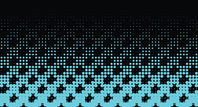 Abstract cyan and black halftone diamond pattern. 8-bit geometric rhombuses, fading pixelated gradient, dark night sky space. for retro arcade game backgrounds, tech flyers. stock vector.