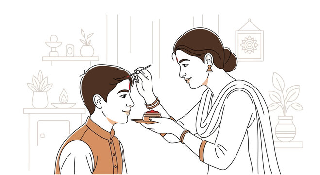 Indian woman applying tilak on forehead of her brother during Raksha Bandhan festival.