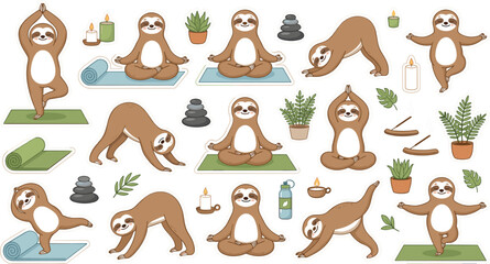 Naklejka premium Cute Sloth Yoga and Meditation Character Sticker Set with Pose, Mat, Candle, Plant, Stone, and Zen Elements for Wellness and Relaxation Designs 
