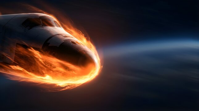 Space shuttle re-entering earth atmosphere engulfed in flames from heat