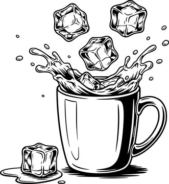 Black and white of ice cubes splashing into a mug of liquid