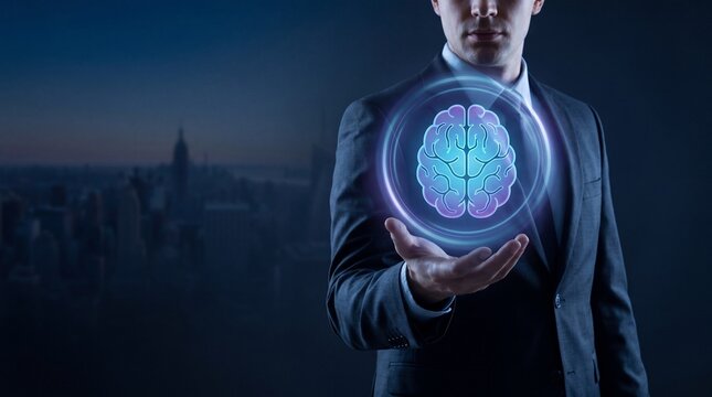 Mind in Hand: An executive, hand outstretched, cradles a glowing, futuristic representation of a human brain, symbolizing innovation and the power of thought.