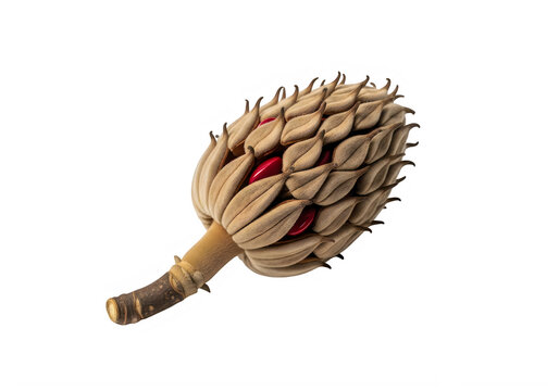 Magnolia seed pod with bright red seeds, textured natural isolated on a transparent background