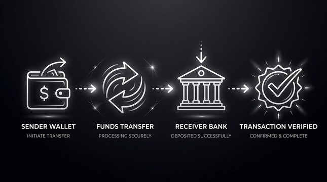 Secure online banking transaction process flowchart with sender wallet funds transfer receiver bank and transaction verified icons on black background